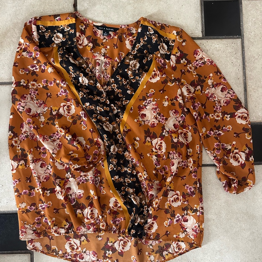 Mock Wrap Floral Blouse in Mustard and Black